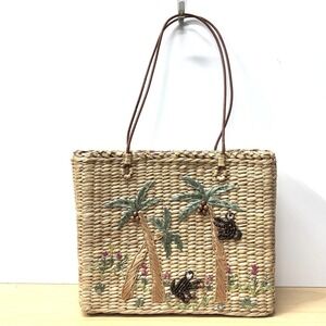 Cappelli Raffia Straw Woven Tote Bag, Tropical Monkeys Palm Trees Beads Sequins